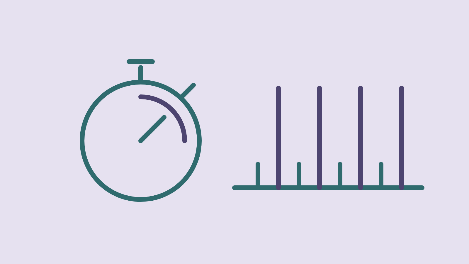 A teal stopwatch with a violet arc marking a quarter turn, beside a row of alternating short teal bars and tall violet bars, like intervals of rest and effort.