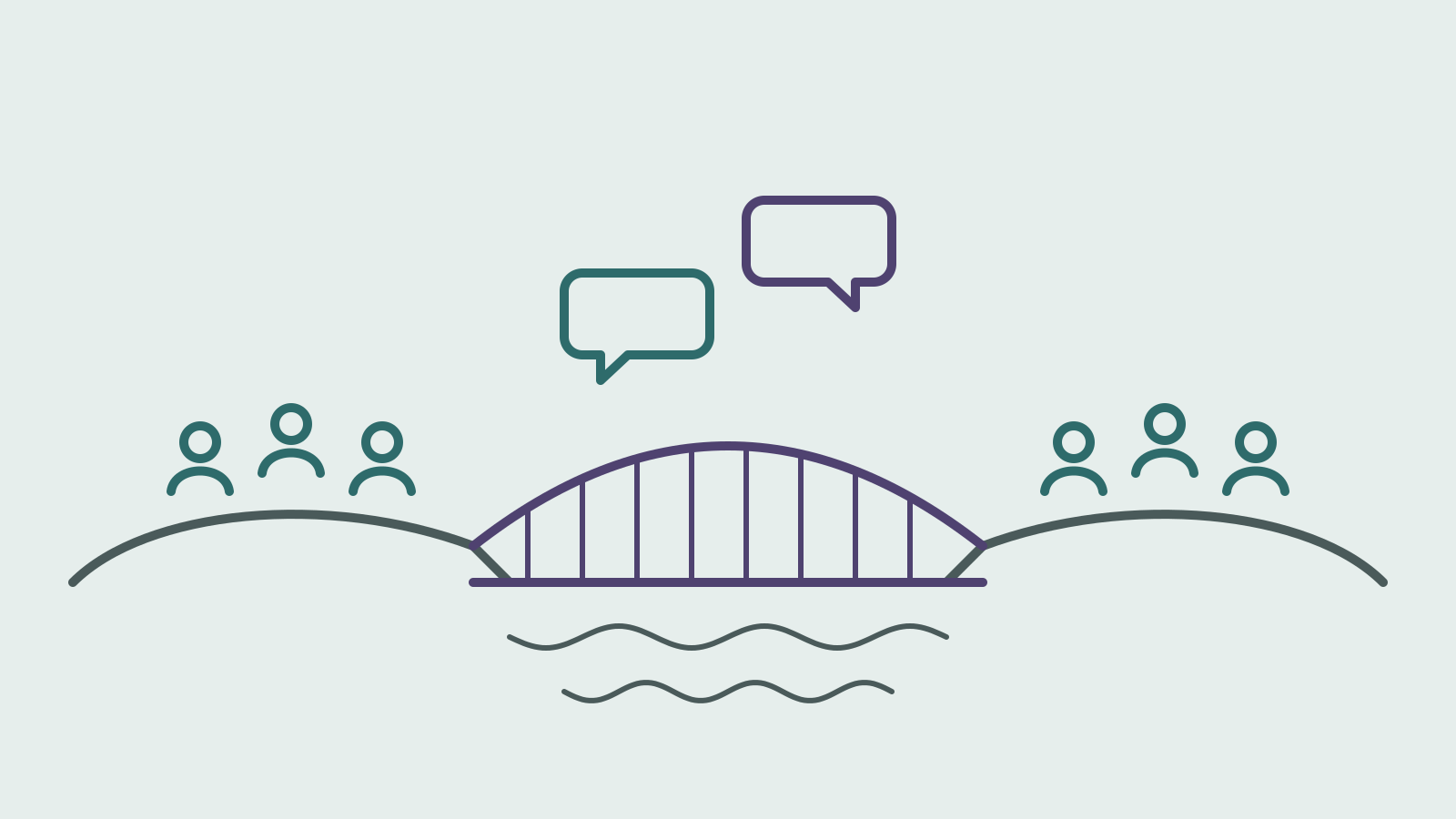 Line drawing of two groups of people on opposite shores joined by an arched violet bridge over water, with two speech bubbles meeting above the span.