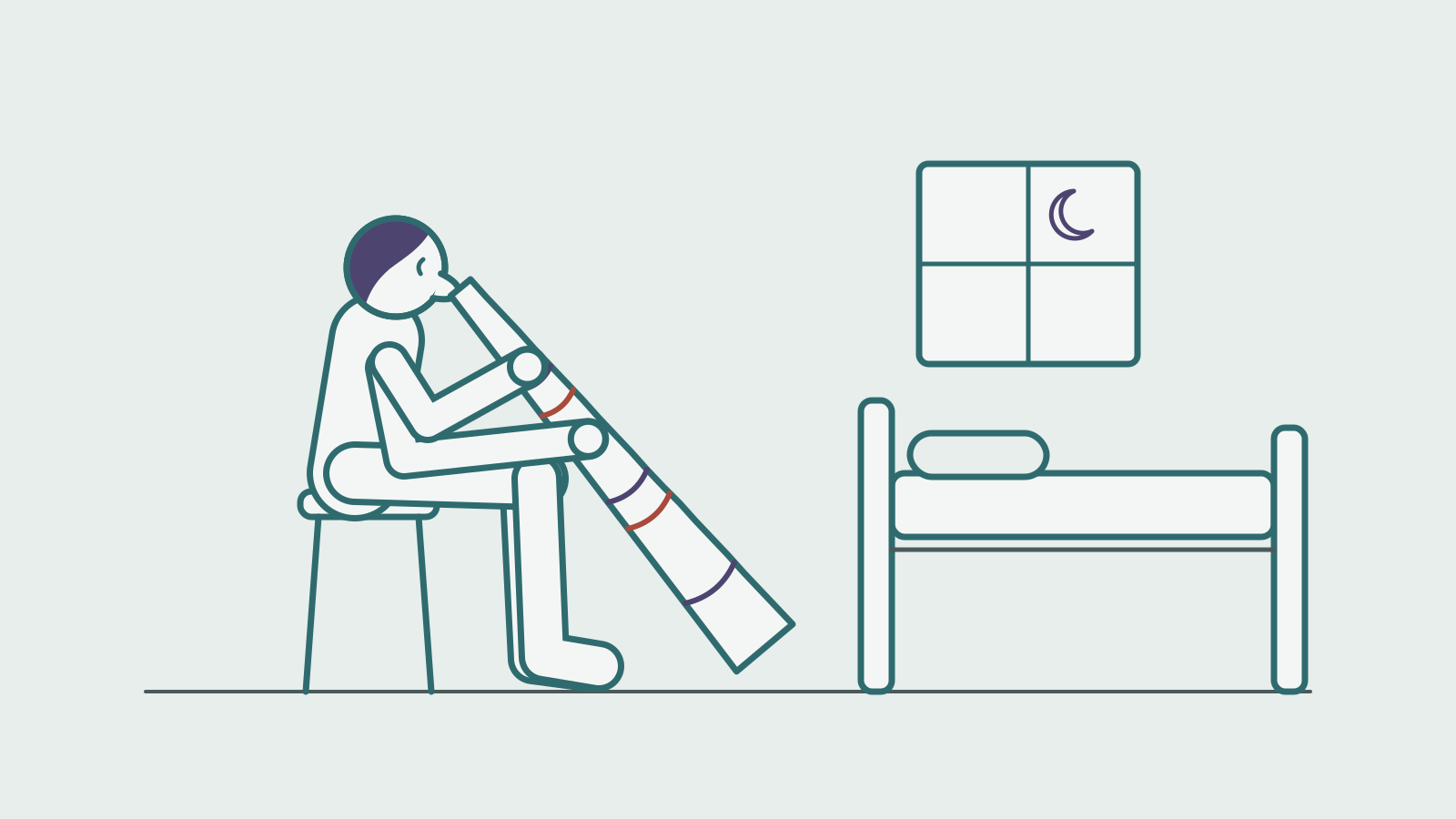 Line drawing of a person on a stool playing a didgeridoo at night, with a bed and moonlit window behind them.
