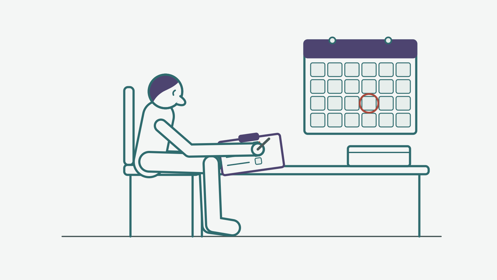 Line drawing of a person at a desk ticking boxes on a clipboard checklist beneath a wall calendar with one date circled.