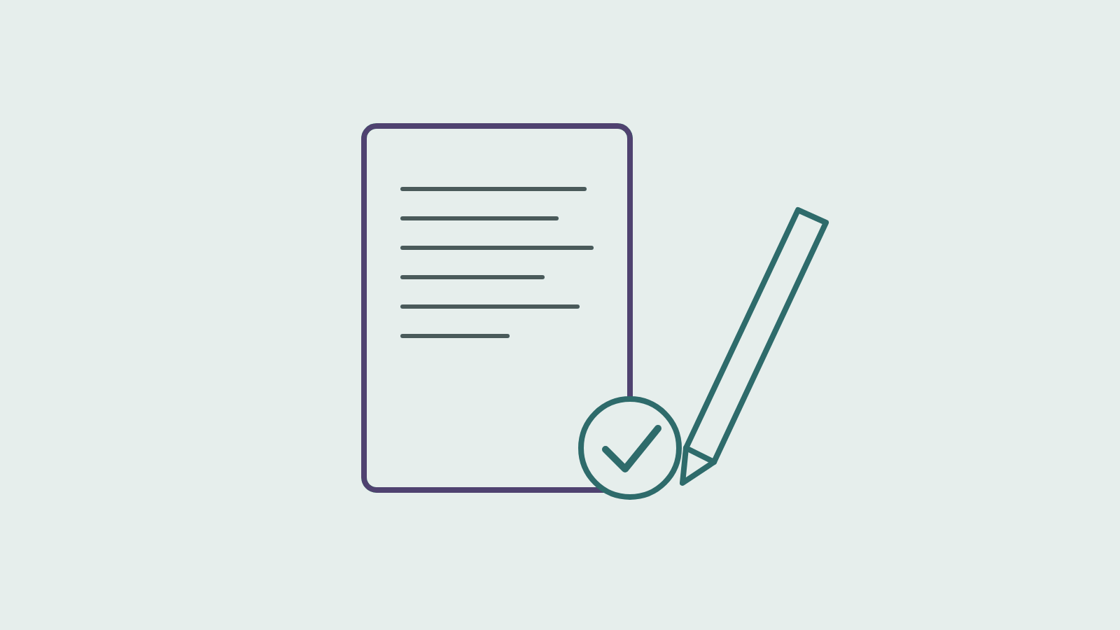Line drawing of a text page with a check-mark seal and a pencil.